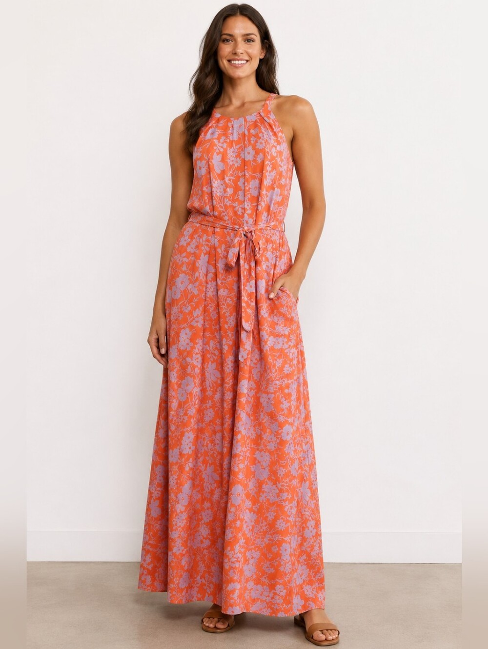 Long Tall Sally Womens Orange Floral Print Halter Maxi Dress Size 14 Tall EUC